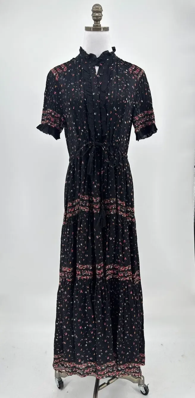 Free People Rare Feeling Black Floral Boho Pleated Tiered Maxi Dress Sz M